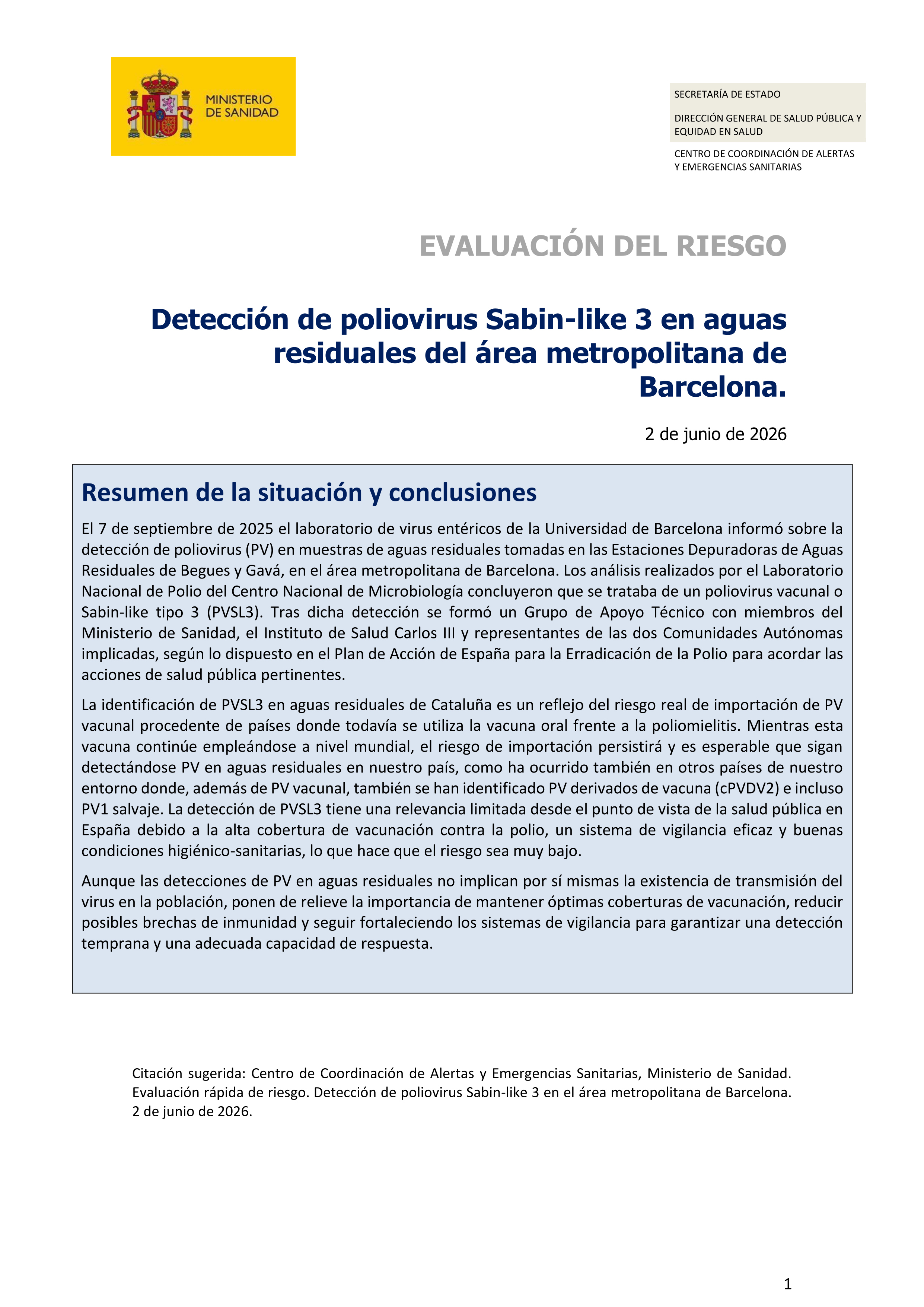 Detección de poliovirus Sabin-like 3 en aguas residuales del área metropolitana de Barcelona